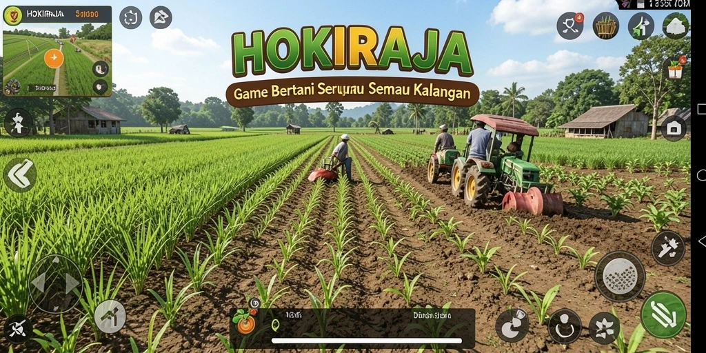 Screenshot gameplay HOKIRAJA menampilkan aktivitas bertani yang menyenangkan.